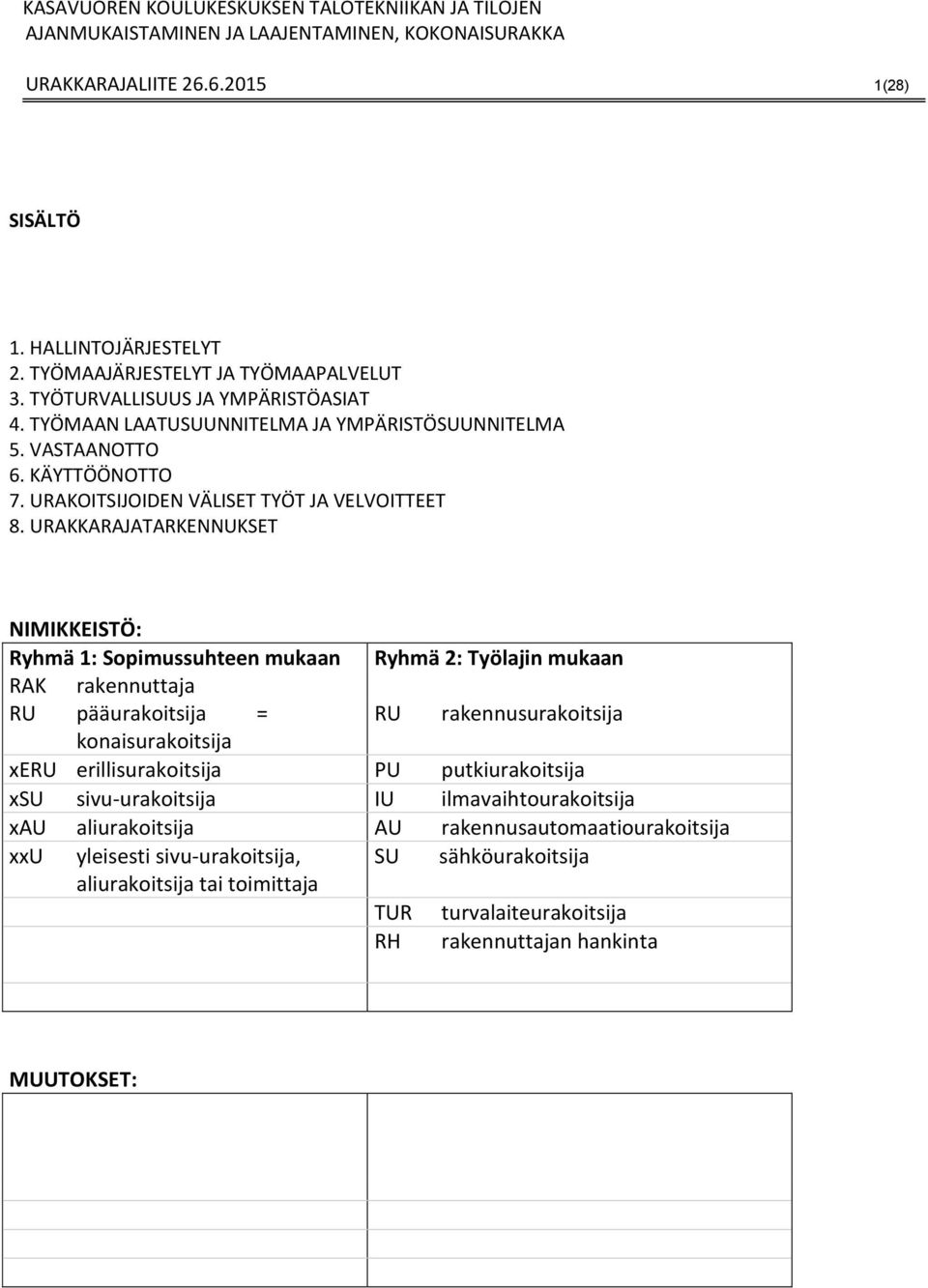 URAKKARAJATARKENNUKSET NIMIKKEISTÖ: Ryhmä 1: Sopimussuhteen mukaan Ryhmä 2: Työlajin mukaan RAK rakennuttaja pääurakoitsija = rakennusurakoitsija konaisurakoitsija xe