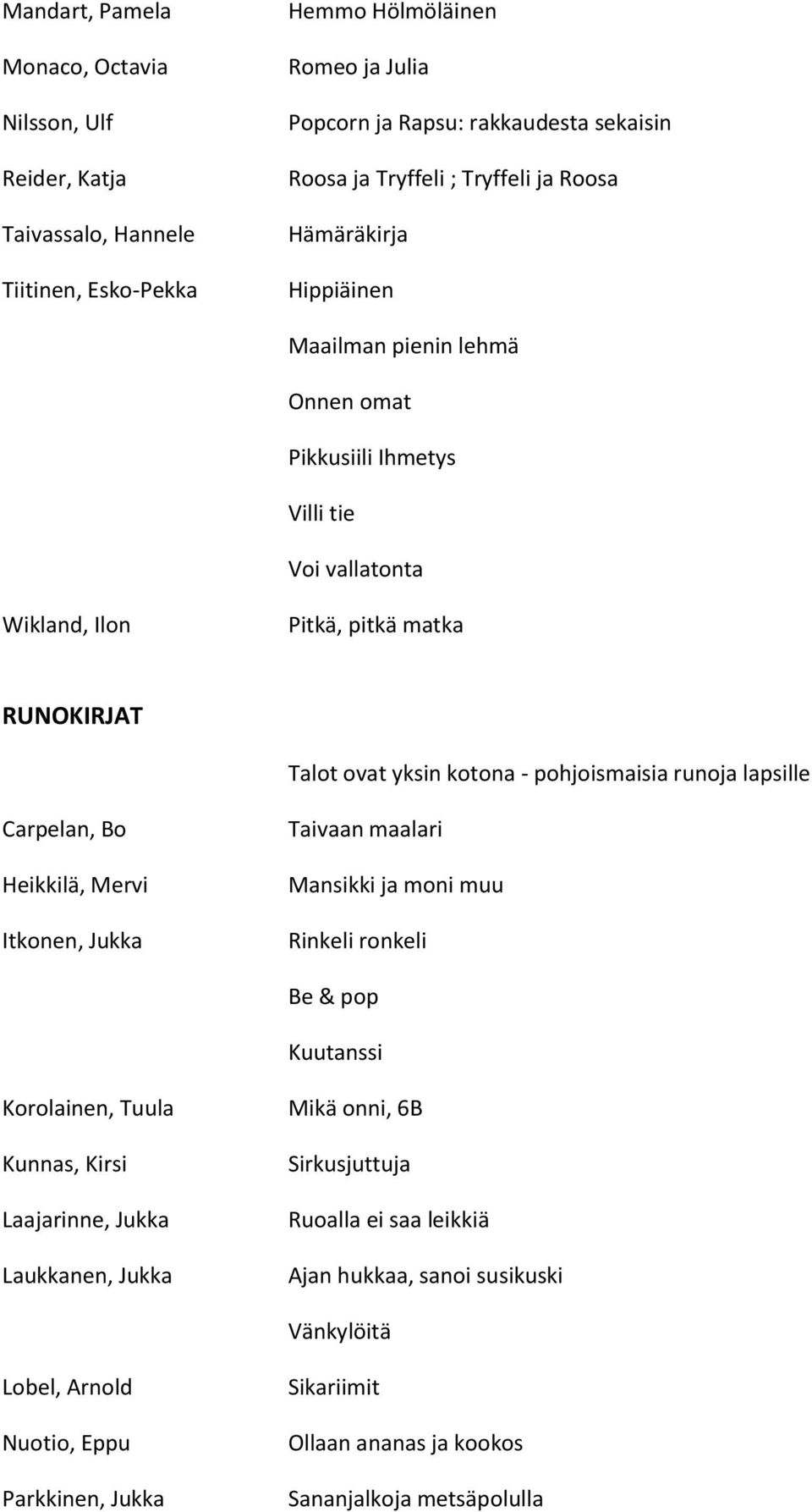 pohjoismaisia runoja lapsille Carpelan, Bo Heikkilä, Mervi Itkonen, Jukka Taivaan maalari Mansikki ja moni muu Rinkeli ronkeli Be & pop Kuutanssi Korolainen, Tuula Kunnas, Kirsi Laajarinne, Jukka