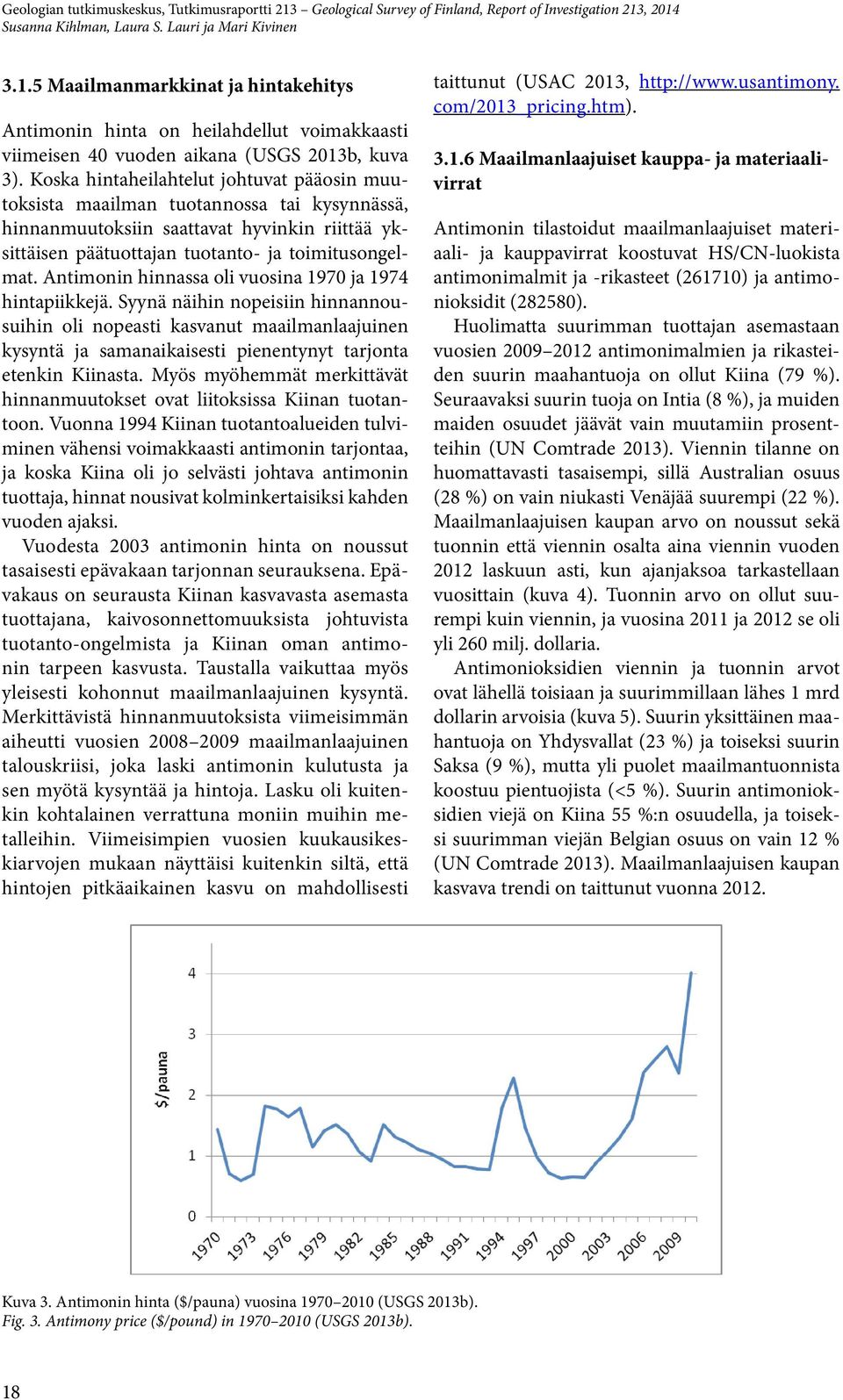 Antimonin hinnassa oli vuosina 1970 ja 1974 hintapiikkejä.