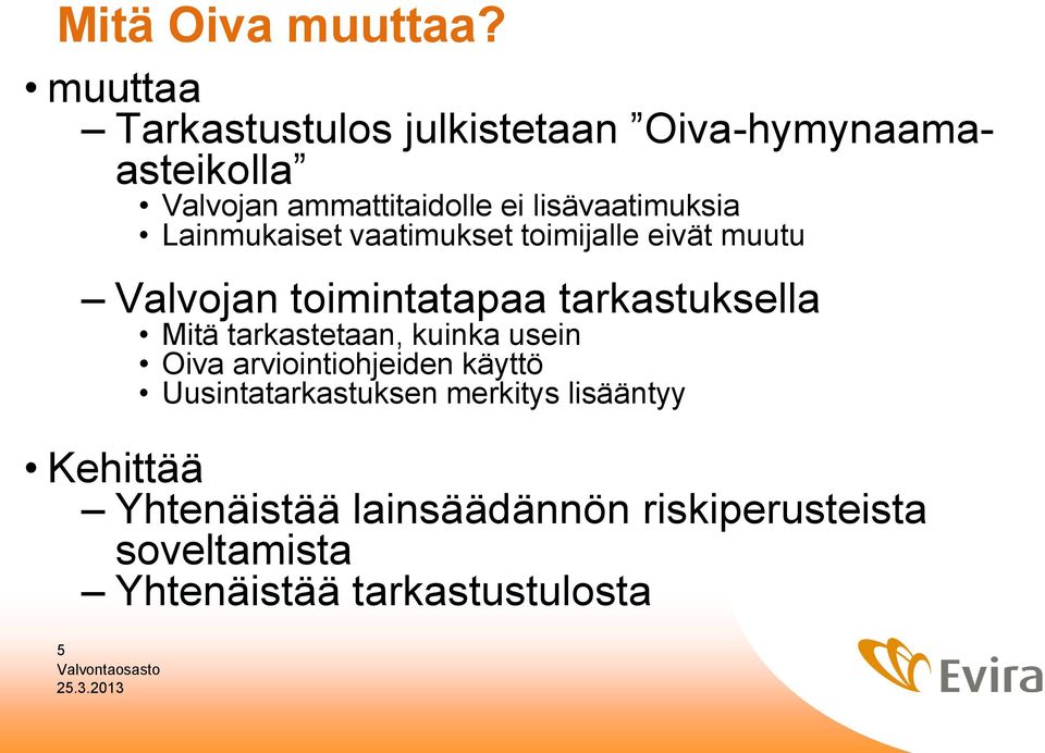 lisävaatimuksia Lainmukaiset vaatimukset toimijalle eivät muutu Valvojan toimintatapaa tarkastuksella