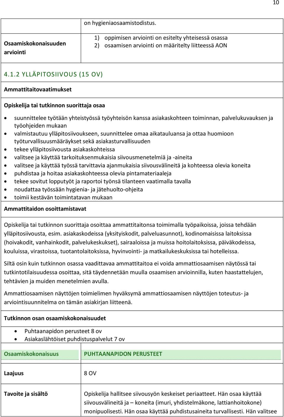 työturvallisuusmääräykset sekä asiakasturvallisuuden tekee ylläpitosiivousta asiakaskohteissa valitsee ja käyttää tarkoituksenmukaisia siivousmenetelmiä ja -aineita valitsee ja käyttää työssä