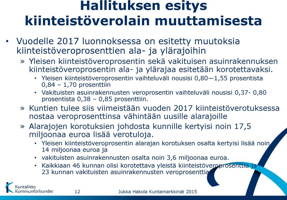 Yleisen kiinteistöveroprosentin vaihteluväli nousisi 0,80 1,55 prosentista 0,84 1,70 prosenttiin Vakituisten asuinrakennusten veroprosentin vaihteluväli nousisi 0,37-0,80 prosentista 0,38 0,85