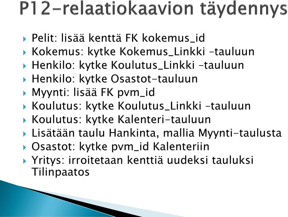 Koulutus_Linkki tauluun Koulutus: kytke Kalenteri-tauluun Lisätään taulu Hankinta, mallia