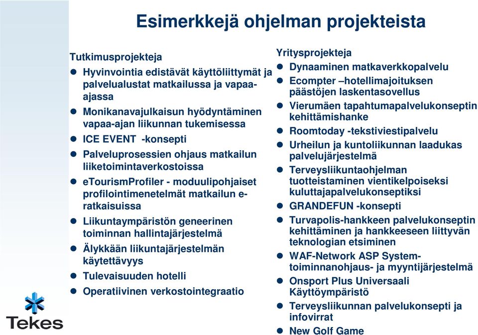 geneerinen toiminnan hallintajärjestelmä Älykkään liikuntajärjestelmän käytettävyys Tulevaisuuden hotelli Operatiivinen verkostointegraatio Yritysprojekteja Dynaaminen matkaverkkopalvelu Ecompter