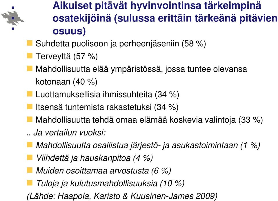 rakastetuksi (34 %) Mahdollisuutta tehdä omaa elämää koskevia valintoja (33 %).