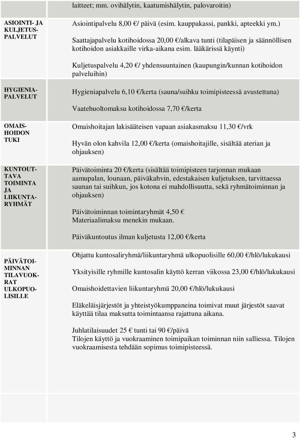 lääkärissä käynti) Kuljetuspalvelu 4,20 / yhdensuuntainen (kaupungin/kunnan kotihoidon palveluihin) HYGIENIA- PALVELUT OMAIS- HOIDON TUKI KUNTOUT- TAVA TOIMINTA JA LIIKUNTA- RYHMÄT Hygieniapalvelu