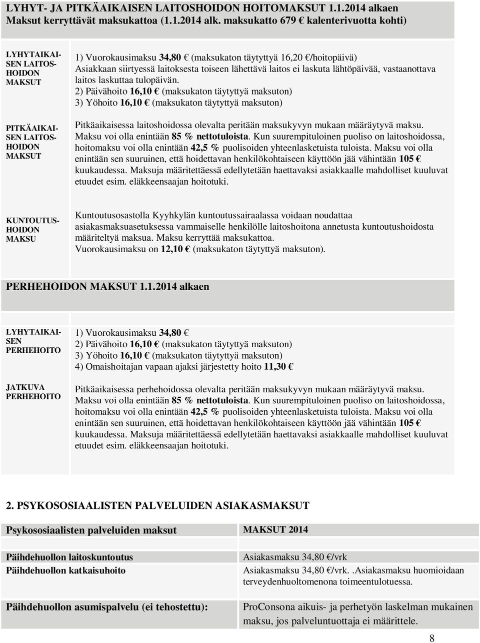 maksukatto 679 kalenterivuotta kohti) LYHYTAIKAI- SEN LAITOS- HOIDON MAKSUT PITKÄAIKAI- SEN LAITOS- HOIDON MAKSUT 1) Vuorokausimaksu 34,80 (maksukaton täytyttyä 16,20 /hoitopäivä) Asiakkaan