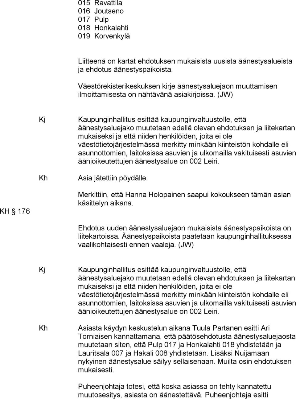 (JW) Kj Kh Kaupunginhallitus esittää kaupunginvaltuustolle, että äänestysaluejako muutetaan edellä olevan ehdotuksen ja liitekartan mukaiseksi ja että niiden henkilöiden, joita ei ole