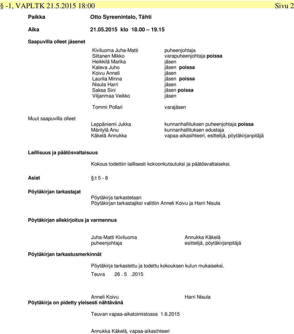 Leppäniemi Jukka Mäntylä Anu Käkelä Annukka puheenjohtaja varapuheenjohtaja poissa poissa poissa poissa vara kunnanhallituksen puheenjohtaja poissa kunnanhallituksen edustaja vapaa-aikasihteeri,