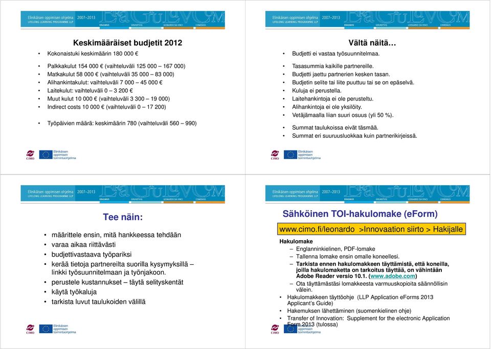 Budjetti ei vastaa työsuunnitelmaa. Tasasummia kaikille partnereille. Budjetti jaettu partnerien kesken tasan. Budjetin selite tai liite puuttuu tai se on epäselvä. Kuluja ei perustella.