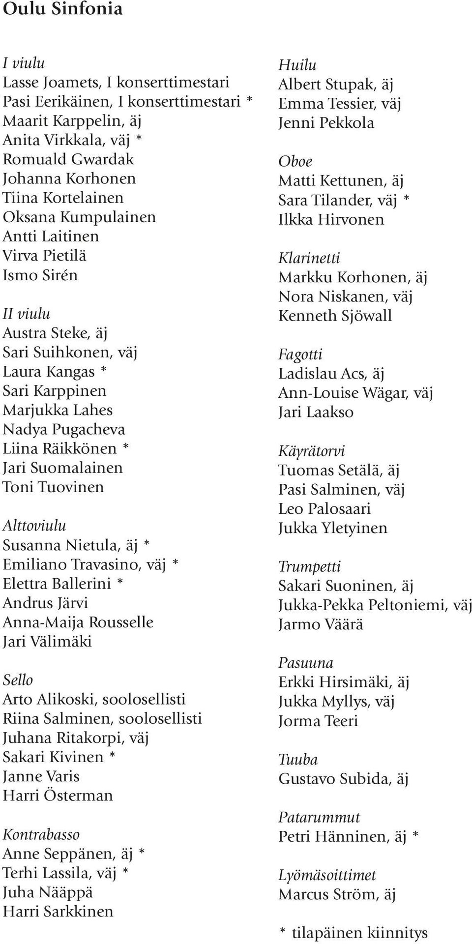 Tuovinen Alttoviulu Susanna Nietula, äj * Emiliano Travasino, väj * Elettra Ballerini * Andrus Järvi Anna-Maija Rousselle Jari Välimäki Sello Arto Alikoski, soolosellisti Riina Salminen,