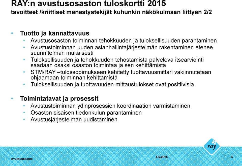 osaston toimintaa ja sen kehittämistä STM/RAY tulossopimukseen kehitetty tuottavuusmittari vakiinnutetaan ohjaamaan toiminnan kehittämistä Tuloksellisuuden ja tuottavuuden mittaustulokset ovat