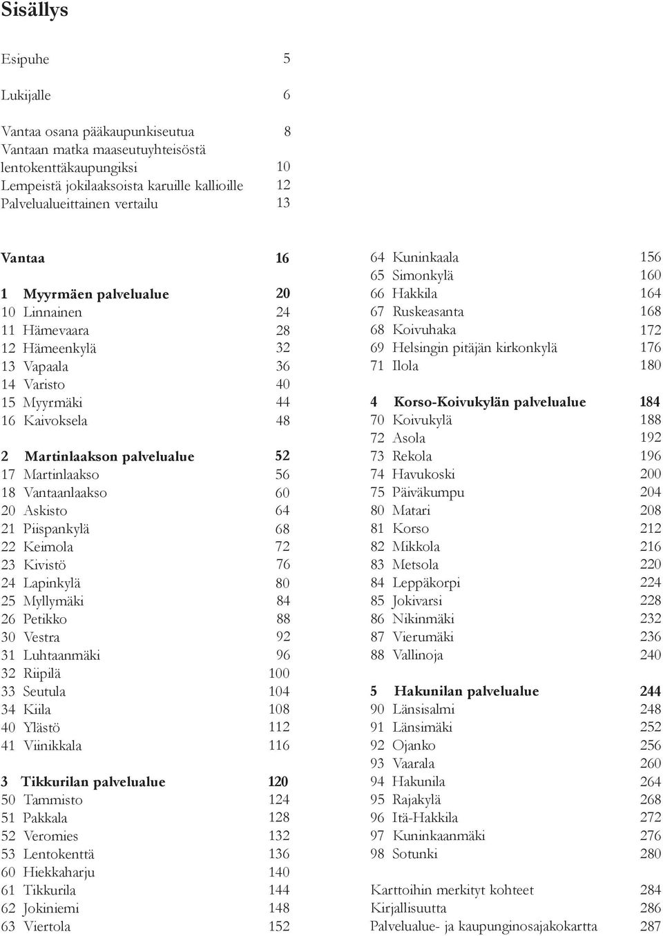 Kivistö 24 Lapinkylä 25 Myllymäki 26 Petikko 3 Vestra 31 Luhtaanmäki 32 Riipilä 33 Seutula 34 Kiila 4 Ylästö 41 Viinikkala 3 Tikkurilan palvelualue 5 Tammisto 51 Pakkala 52 Veromies 53 Lentokenttä 6