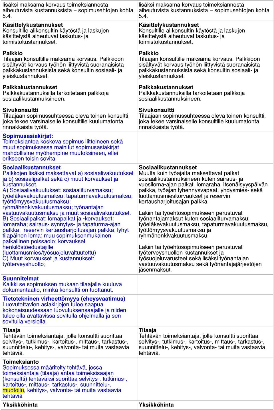 Palkkioon sisältyvät korvaus työhön liittyvistä suoranaisista palkkakustannuksista sekä konsultin sosiaali- ja yleiskustannukset.