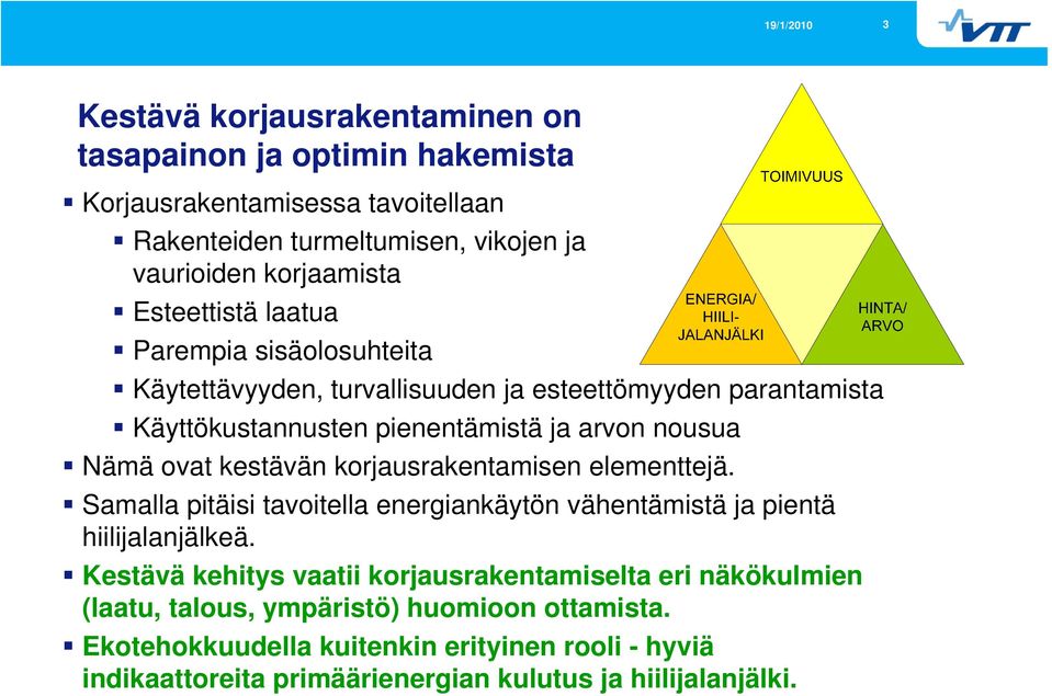 kestävän korjausrakentamisen elementtejä. Samalla pitäisi tavoitella energiankäytön vähentämistä ja pientä hiilijalanjälkeä.