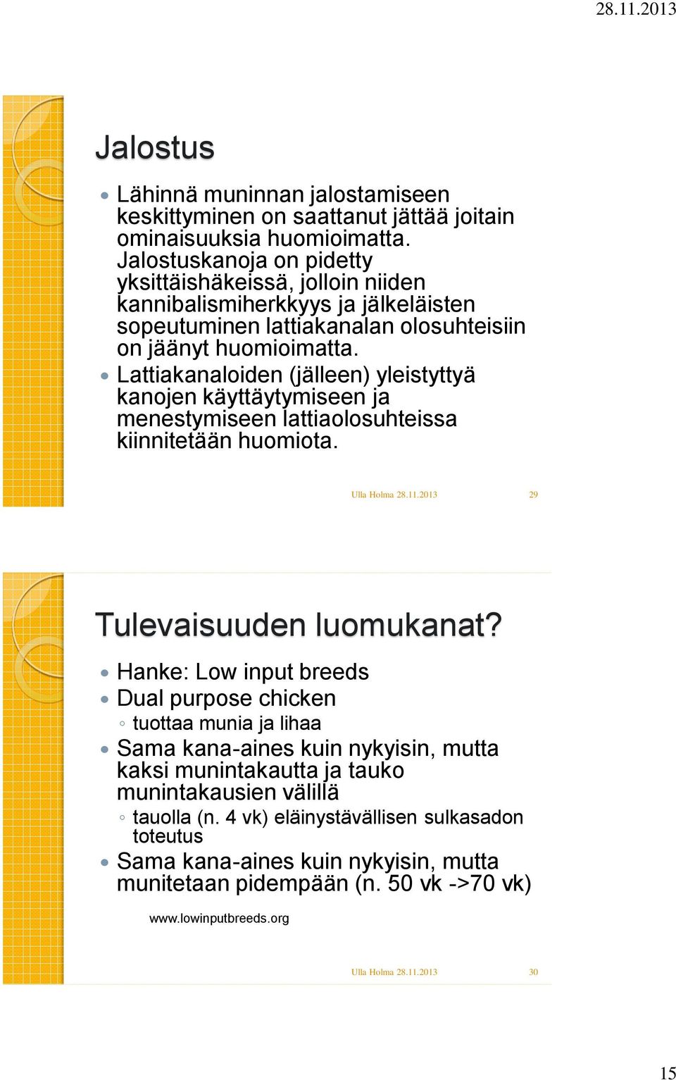 Lattiakanaloiden (jälleen) yleistyttyä kanojen käyttäytymiseen ja menestymiseen lattiaolosuhteissa kiinnitetään huomiota. 29 Tulevaisuuden luomukanat?