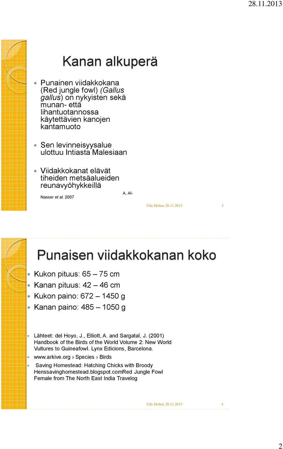 Al- 3 Punaisen viidakkokanan koko Kukon pituus: 65 75 cm Kanan pituus: 42 46 cm Kukon paino: 672 1450 g Kanan paino: 485 1050 g Lähteet: del Hoyo, J., Elliott, A. and Sargatal, J.