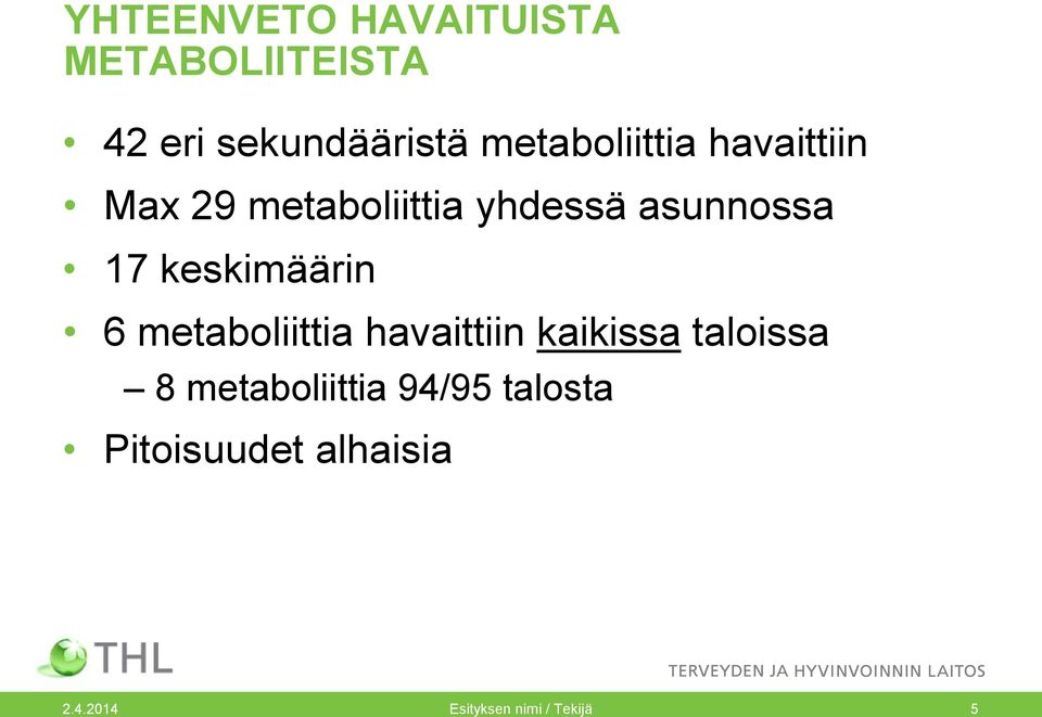 keskimäärin 6 metaboliittia havaittiin kaikissa taloissa 8