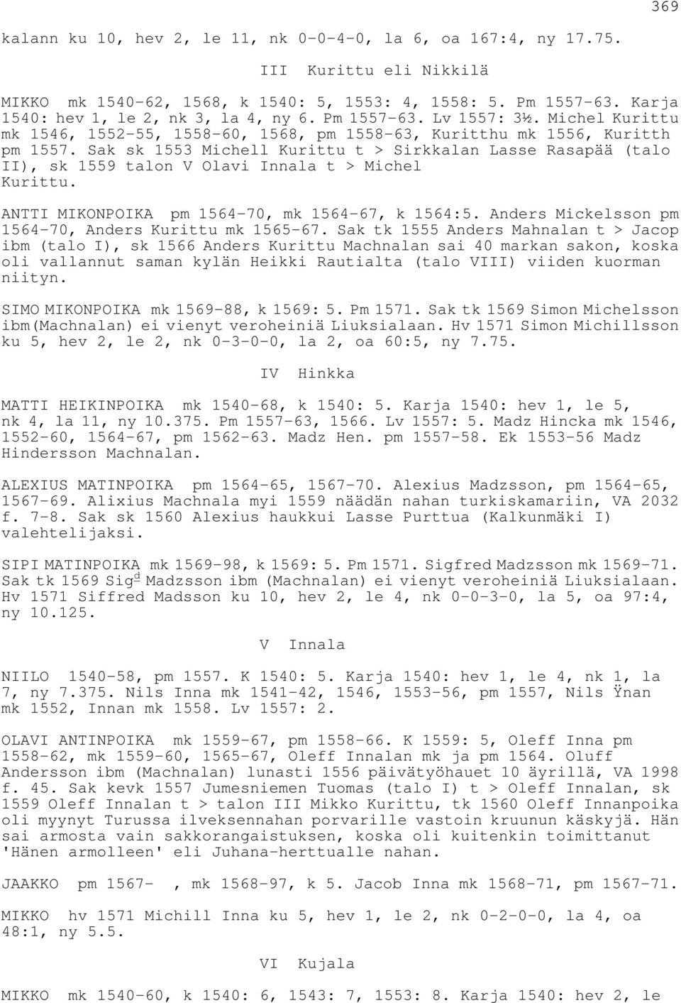 Sak sk 1553 Michell Kurittu t > Sirkkalan Lasse Rasapää (talo II), sk 1559 talon V Olavi Innala t > Michel Kurittu. ANTTI MIKONPOIKA pm 1564-70, mk 1564-67, k 1564:5.