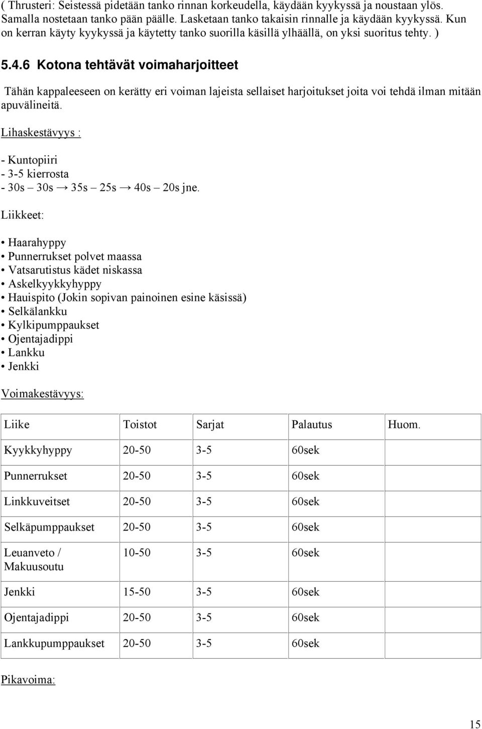 6 Kotona tehtävät voimaharjoitteet Tähän kappaleeseen on kerätty eri voiman lajeista sellaiset harjoitukset joita voi tehdä ilman mitään apuvälineitä.