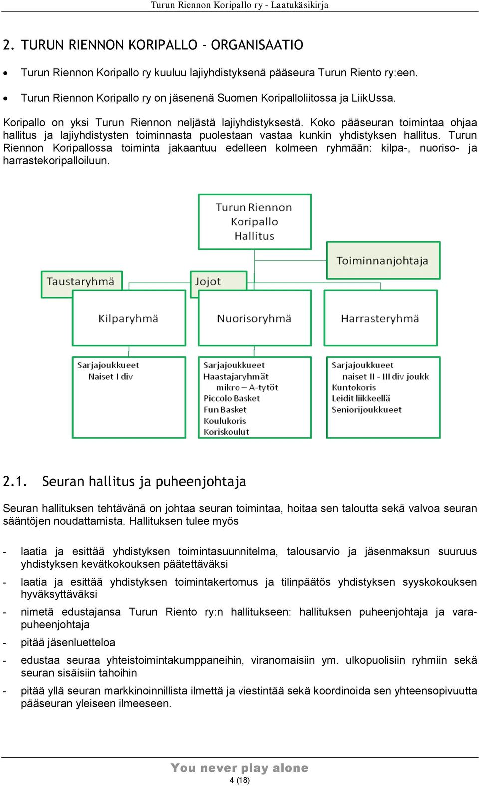 Turun Riennon Koripallossa toiminta jakaantuu edelleen kolmeen ryhmään: kilpa-, nuoriso- ja harrastekoripalloiluun. 2.1.
