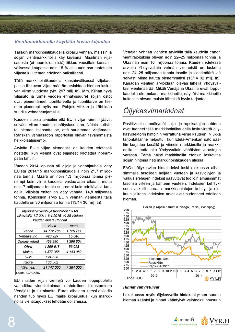 Tällä markkinointikaudella kansainvälisessä viljakaupassa liikkuvan viljan määrän arvioidaan hieman laskevan viime vuodesta (yht. 297 milj. tn). Mm.