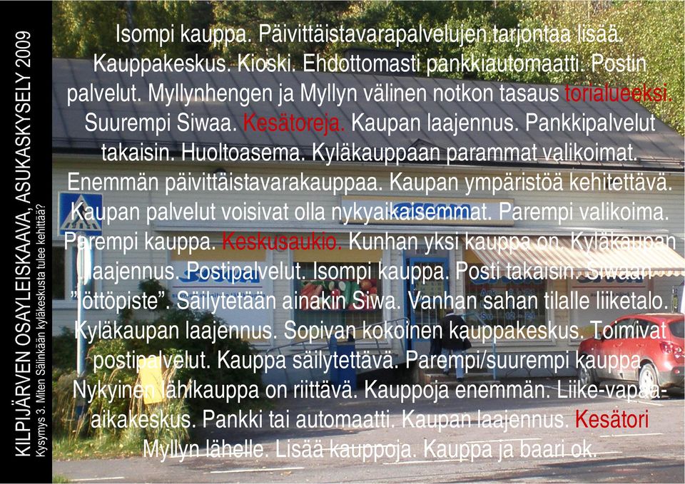 Kaupan palvelut voisivat olla nykyaikaisemmat. Parempi valikoima. Parempi kauppa. Keskusaukio. Kunhan yksi kauppa on. Kyläkaupan laajennus. Postipalvelut. Isompi kauppa. Posti takaisin.