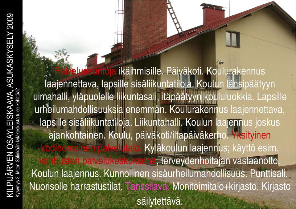 Koulurakennus laajennettava, lapsille sisäliikuntatiloja. Liikuntahalli. Koulun laajennus joskus ajankohtainen. Koulu, päiväkoti/iltapäiväkerho.