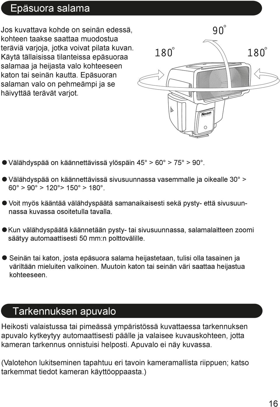 Välähdyspää on käännettävissä ylöspäin 45 > 60 > 75 > 90. Välähdyspää on käännettävissä sivusuunnassa vasemmalle ja oikealle 30 > 60 > 90 > 10 > 150 > 180.