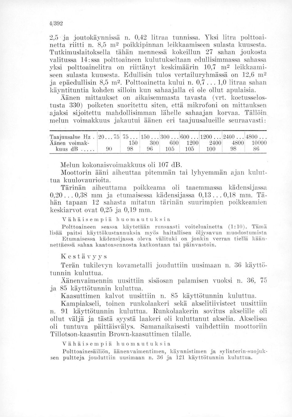 sulasta kuusesta. Edullisin tulos vertailuryhmässä on 12,6 m2 ja epäedullisin 8,5 m2. Polttoainetta kului n. 0,7... 1,0 litraa sahan käyntituntia kohden silloin kun sahaaj alla ei ole ollut apulaisia.