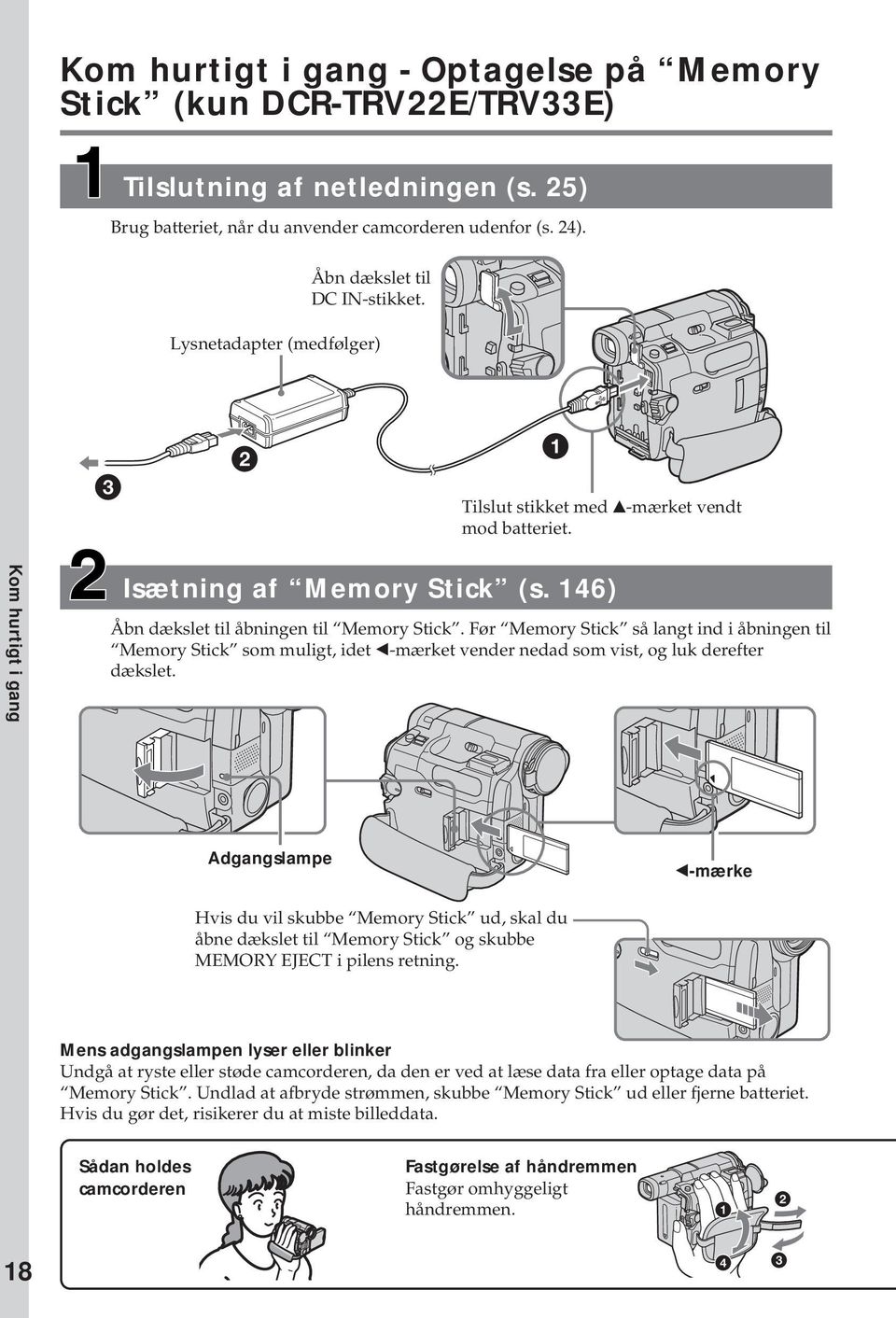 Før Memory Stick så langt ind i åbningen til Memory Stick som muligt, idet b-mærket vender nedad som vist, og luk derefter dækslet.