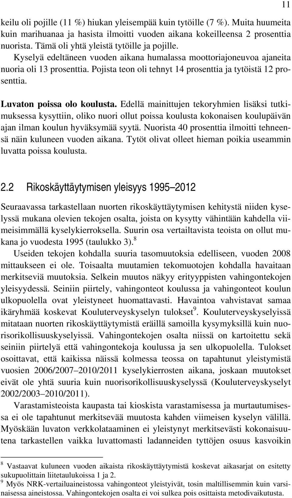 Pojista teon oli tehnyt 14 prosenttia ja tytöistä 12 prosenttia. Luvaton poissa olo koulusta.