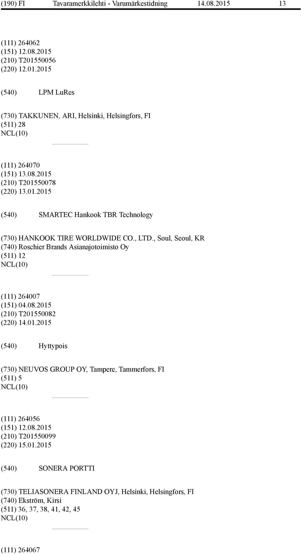 , Soul, Seoul, KR (740) Roschier Brands Asianajotoimisto Oy (511) 12 (111) 264007 (151) 04.08.2015