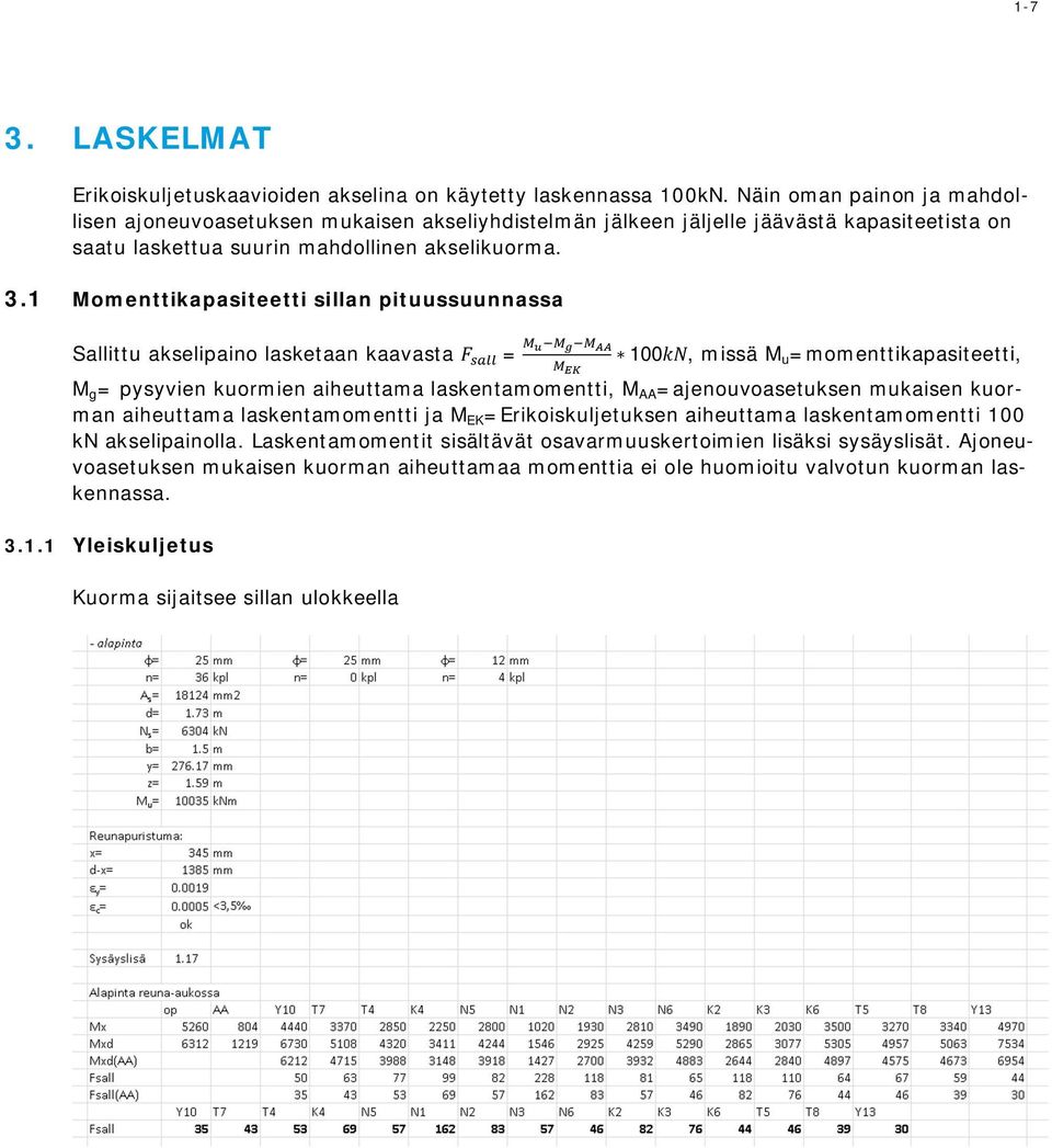 1 Momenttikapasiteetti sillan pituussuunnassa Sallittu akselipaino lasketaan kaavasta = 100, missä M u =momenttikapasiteetti, M g = pysyvien kuormien aiheuttama laskentamomentti, M AA