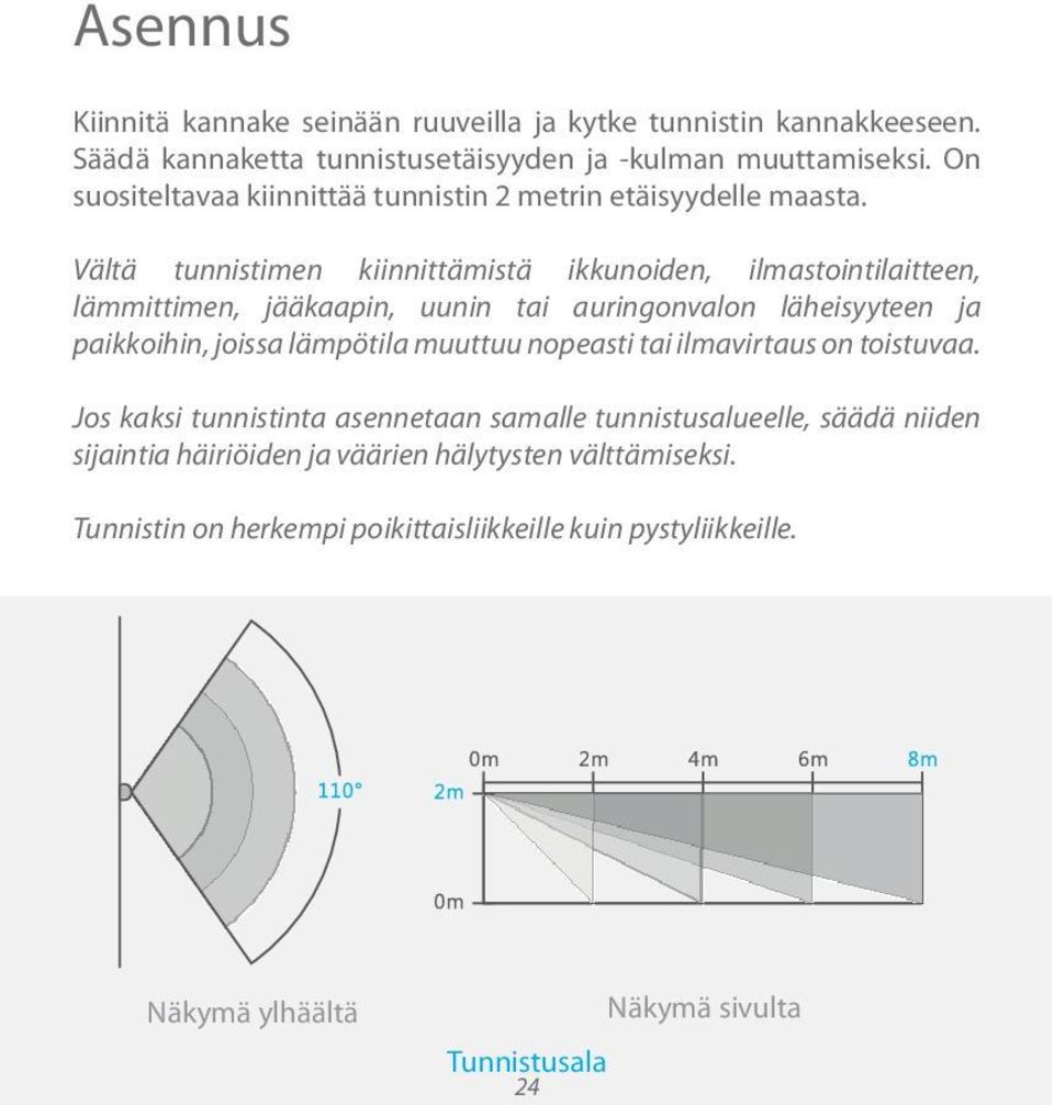 Vältä tunnistimen kiinnittämistä ikkunoiden, ilmastointilaitteen, lämmittimen, jääkaapin, uunin tai auringonvalon läheisyyteen ja paikkoihin, joissa lämpötila