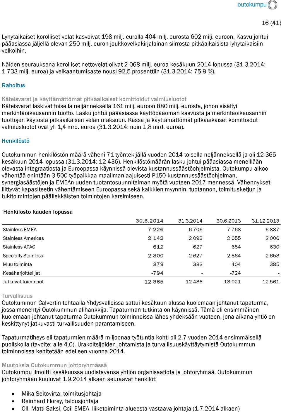 euroa) ja velkaantumisaste nousi 92,5 prosenttiin (31.3.2014: 75,9 %).