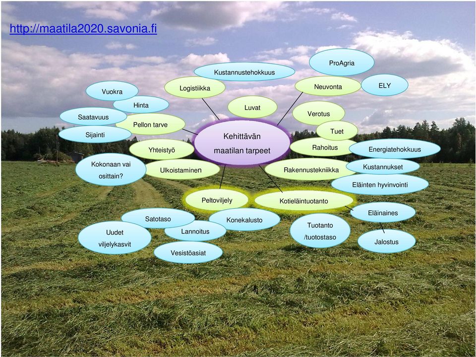 Yhteistyö Luvat Kehittävän maatilan tarpeet Verotus Tuet Rahoitus Energiatehokkuus Kokonaan vai osittain?