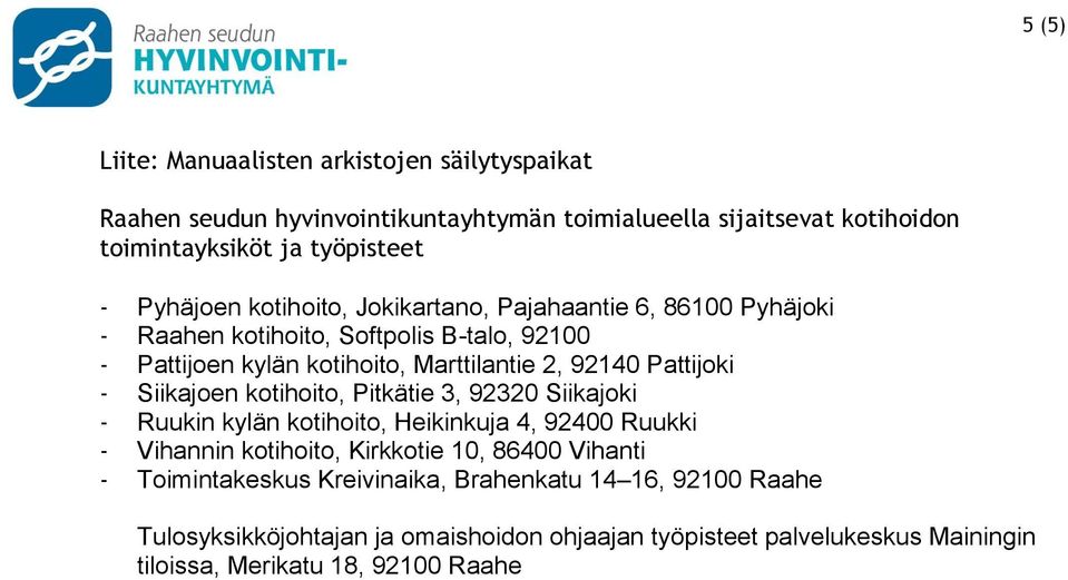 Pattijoki - Siikajoen kotihoito, Pitkätie 3, 92320 Siikajoki - Ruukin kylän kotihoito, Heikinkuja 4, 92400 Ruukki - Vihannin kotihoito, Kirkkotie 10, 86400 Vihanti