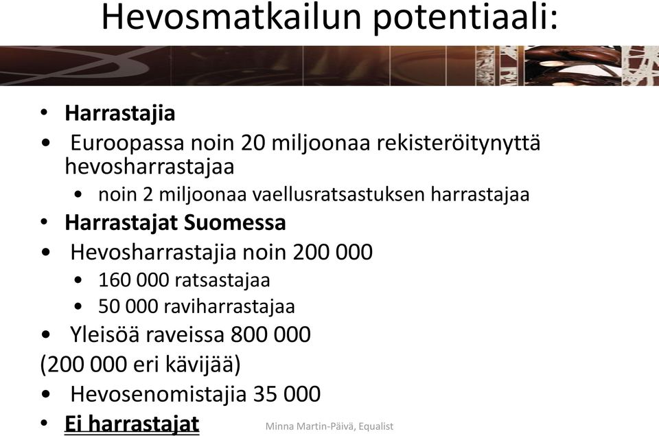 harrastajaa Harrastajat Suomessa Hevosharrastajia noin 200 000 160 000 ratsastajaa