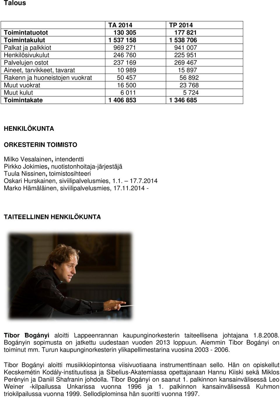 Milko Vesalainen, intendentti Pirkko Jokimies, nuotistonhoitaja-järjestäjä Tuula Nissinen, toimistosihteeri Oskari Hurskainen, siviilipalvelusmies, 1.1. 17.