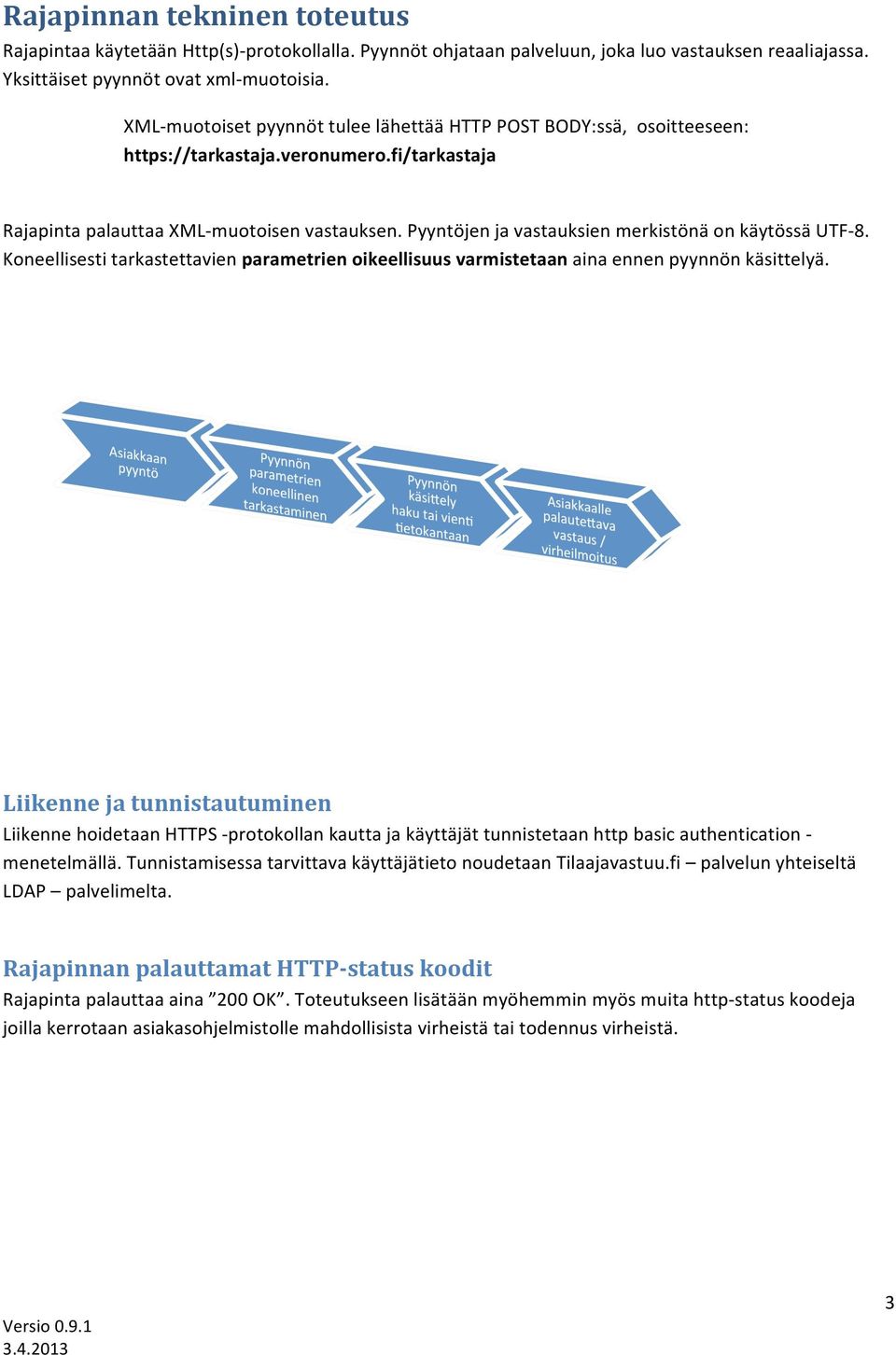 Pyyntöjen ja vastauksien merkistönä on käytössä UTF- 8. Koneellisesti tarkastettavien parametrien oikeellisuus varmistetaan aina ennen pyynnön käsittelyä.