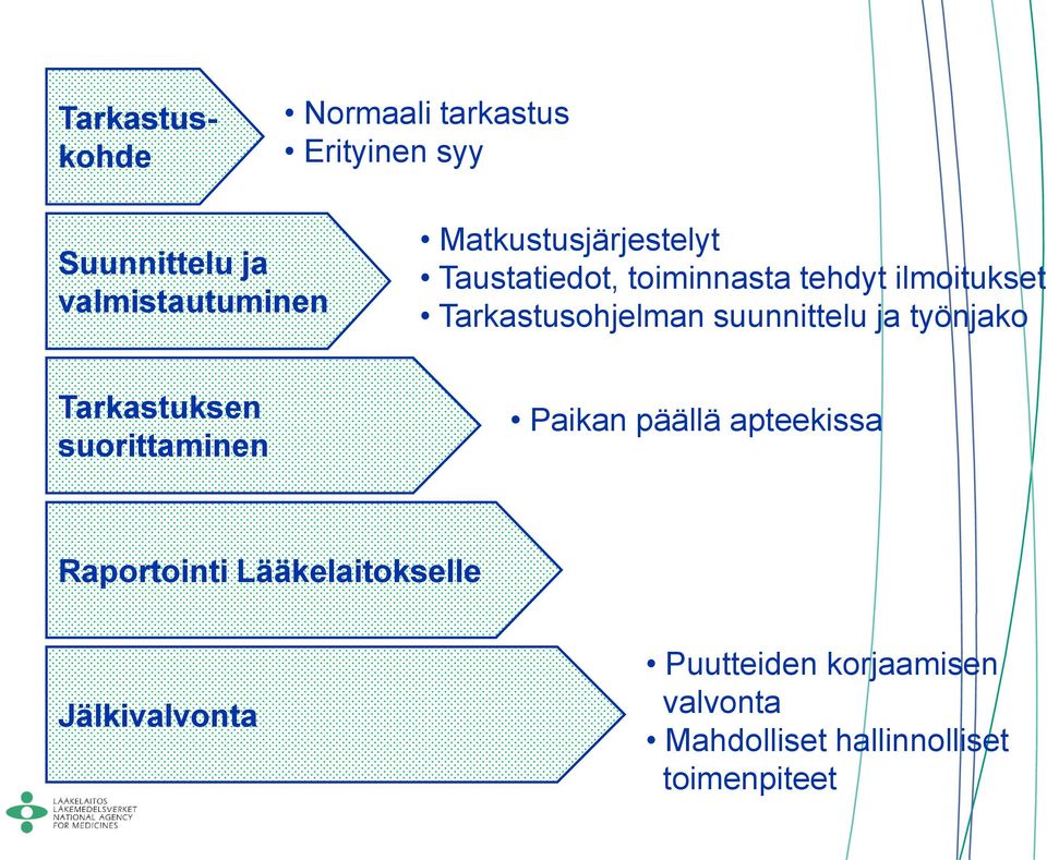 suunnittelu ja työnjako Tarkastuksen suorittaminen Paikan päällä apteekissa Raportointi