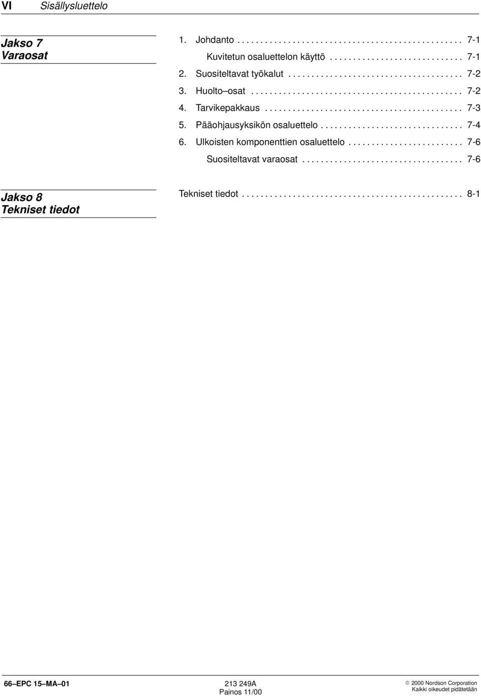 Pääohjausyksikön osaluettelo............................... 7-4 6. Ulkoisten komponenttien osaluettelo......................... 7-6 Suositeltavat varaosat.