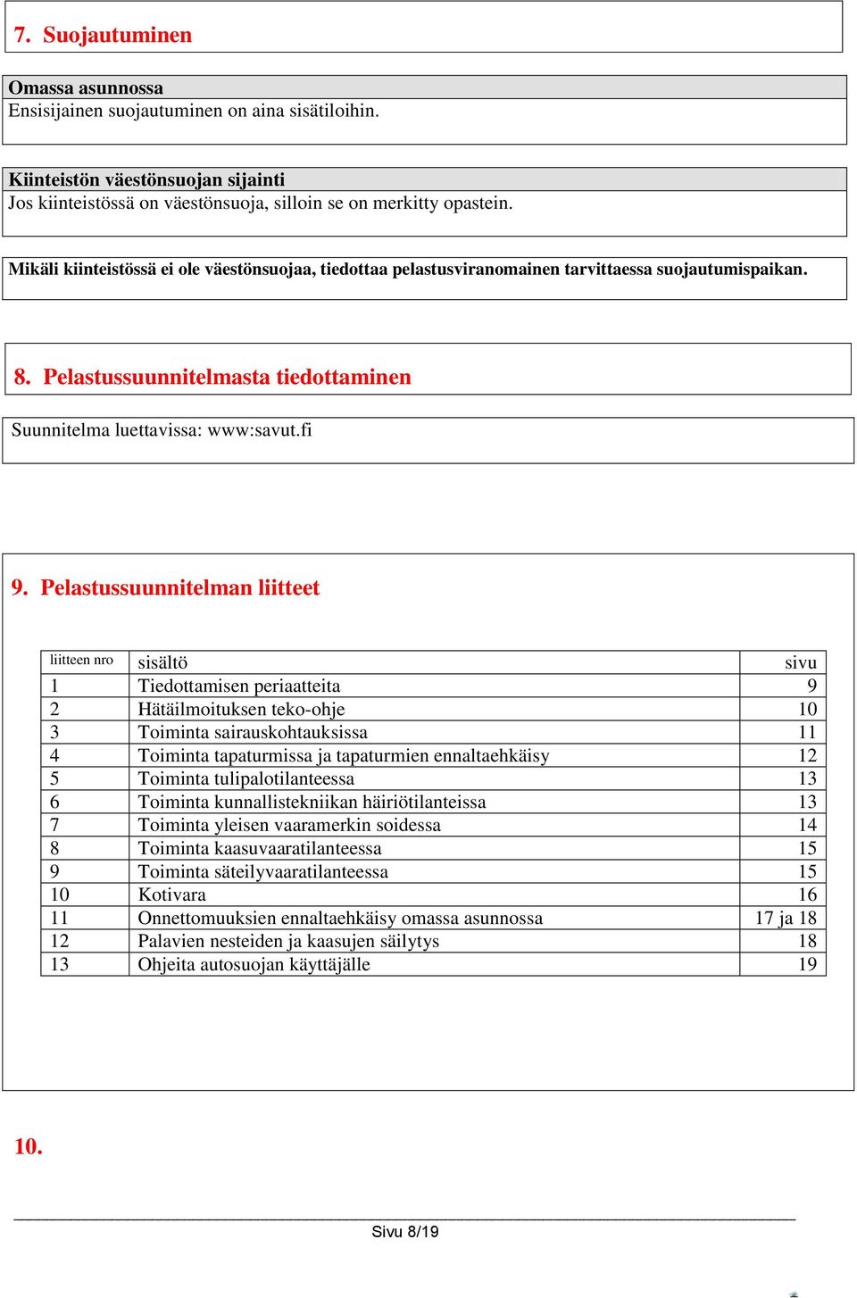 Pelastussuunnitelman liitteet liitteen nro sisältö sivu 1 Tiedottamisen periaatteita 9 2 Hätäilmoituksen teko-ohje 10 3 Toiminta sairauskohtauksissa 11 4 Toiminta tapaturmissa ja tapaturmien