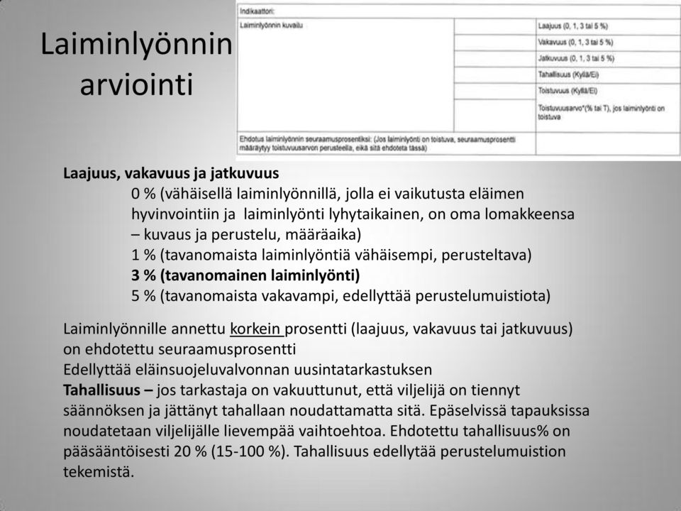 korkein prosentti (laajuus, vakavuus tai jatkuvuus) on ehdotettu seuraamusprosentti Edellyttää eläinsuojeluvalvonnan uusintatarkastuksen Tahallisuus jos tarkastaja on vakuuttunut, että viljelijä on