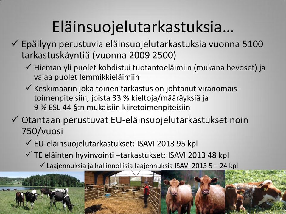 % kieltoja/määräyksiä ja 9 % ESL 44 :n mukaisiin kiiretoimenpiteisiin Otantaan perustuvat EU-eläinsuojelutarkastukset noin 750/vuosi