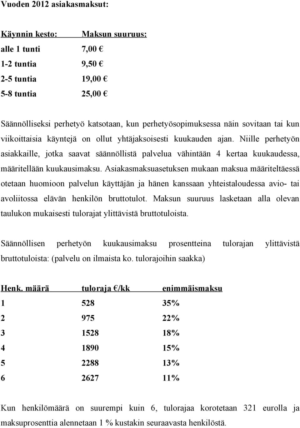 Asiakasmaksuasetuksen mukaan maksua määriteltäessä otetaan huomioon palvelun käyttäjän ja hänen kanssaan yhteistaloudessa avio- tai avoliitossa elävän henkilön bruttotulot.