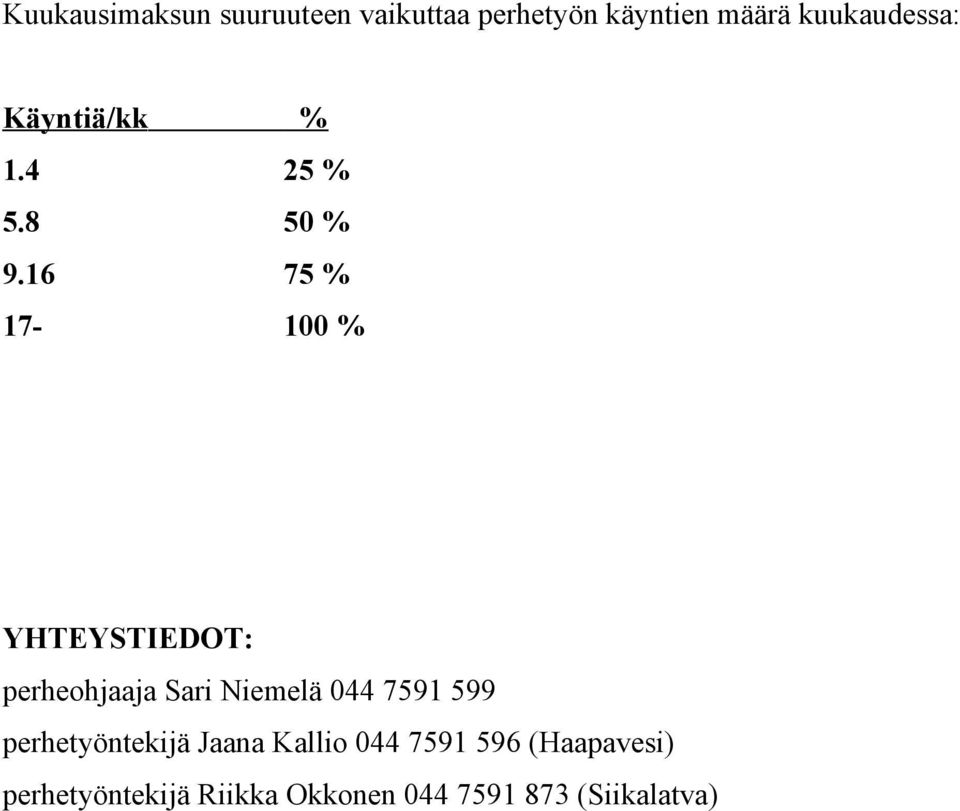 16 75 % 17-100 % YHTEYSTIEDOT: perheohjaaja Sari Niemelä 044