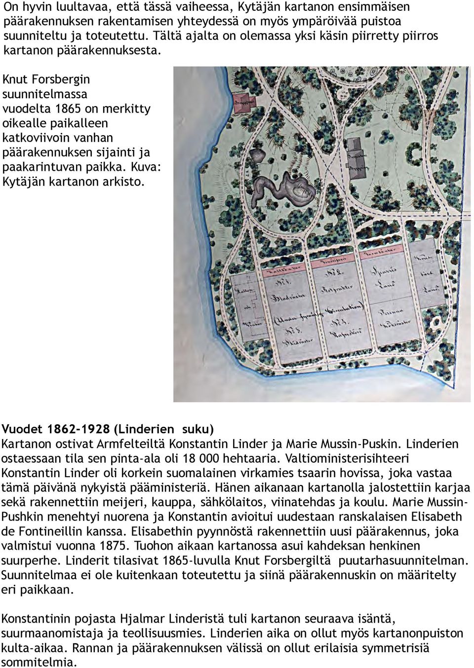 Knut Forsbergin suunnitelmassa vuodelta 1865 on merkitty oikealle paikalleen katkoviivoin vanhan päärakennuksen sijainti ja paakarintuvan paikka. Kuva: Kytäjän kartanon arkisto.