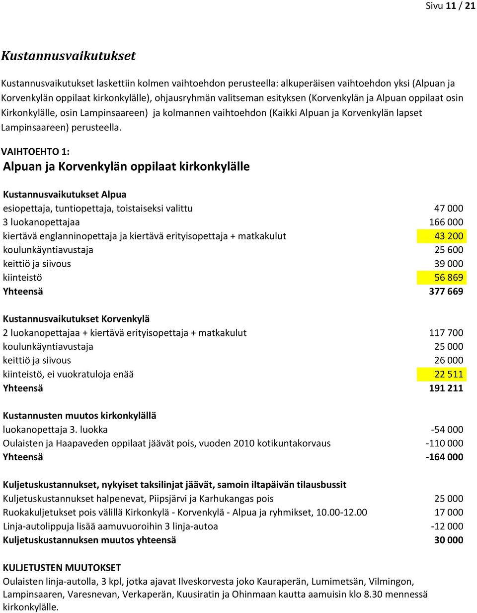 VAIHTOEHTO 1: Alpuan ja Korvenkylän oppilaat kirkonkylälle Kustannusvaikutukset Alpua esiopettaja, tuntiopettaja, toistaiseksi valittu 47 000 3 luokanopettajaa 166 000 kiertävä englanninopettaja ja